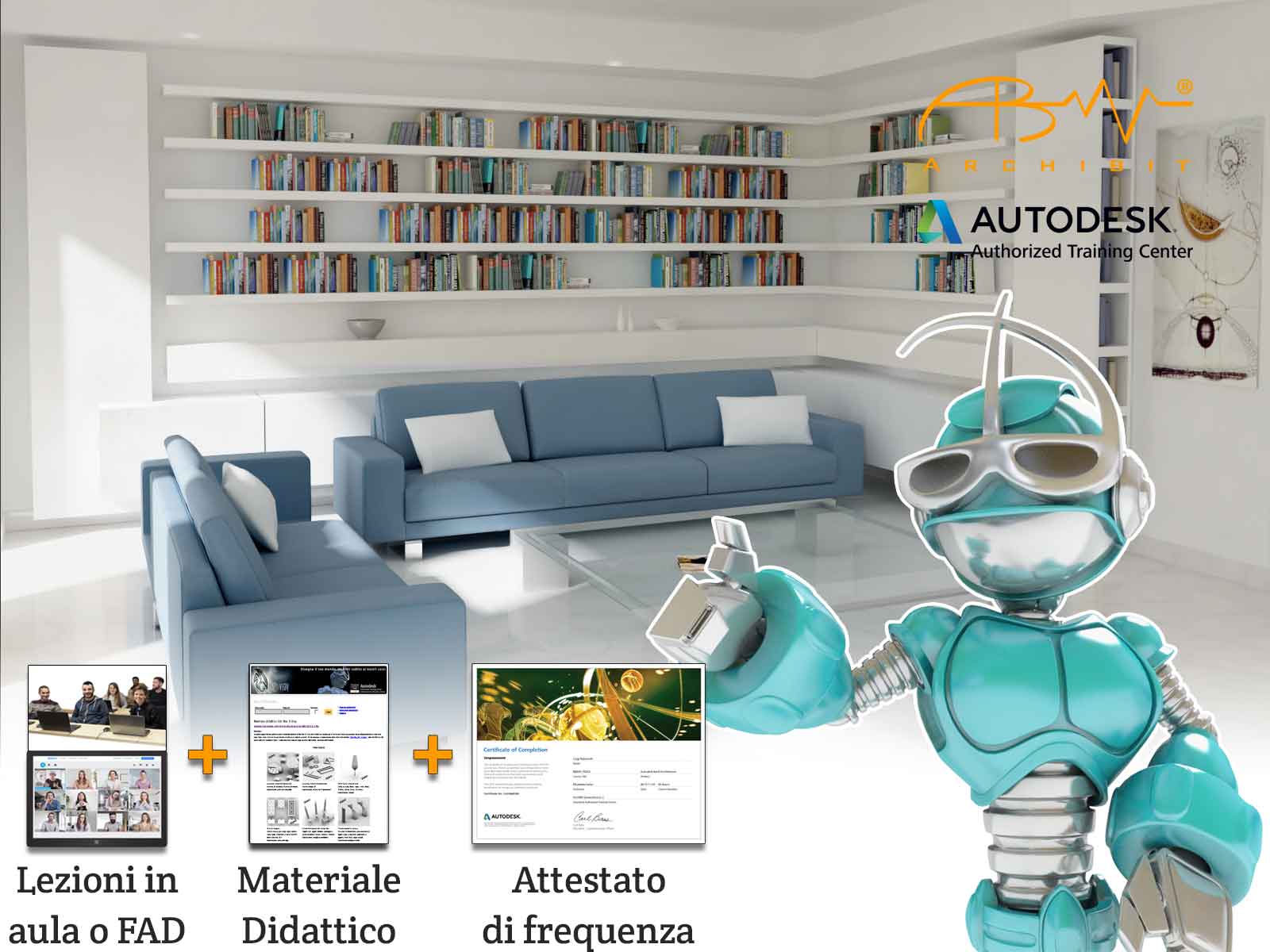 corso base 3ds Max Autodesk Immagine di render fotorealistico di un living con divani e libreria. In primo piano la mascotte Archibot vicino alle miniature dell'attestato di frequenza e del materiale didattico