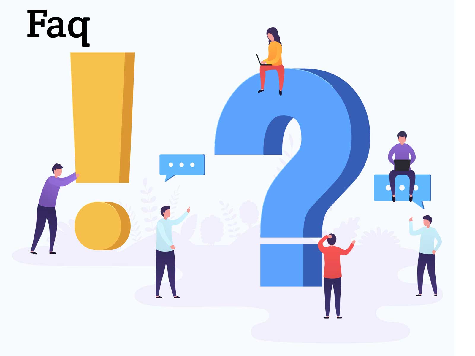 Faq ArchiBit Generation s.r.l. Immagine con persone stilizzate, punti esclamativi e interrogativi. Esprime il concetto delle Faq conoscitive sulle procedure di Archibit, certificazioni, licenze software e altre info