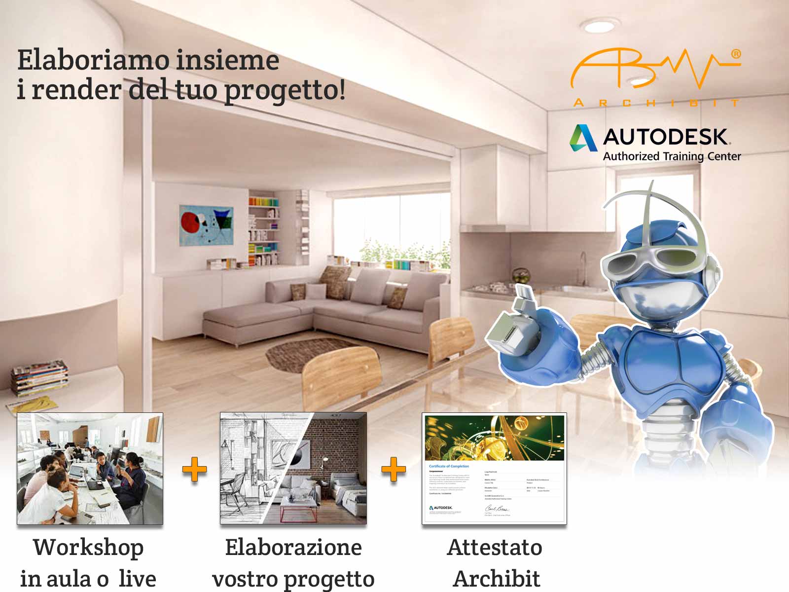 Il robot Archibot, mascotte di Archibit, presenta un corso online di visualizzazione BIM con Autodesk Revit. L'immagine mostra esempi di render e un attestato di partecipazione. Partecipa al workshop di Archibit e impara a creare render professionali per i tuoi progetti BIM. Ricevi un attestato di partecipazione Autodesk!
