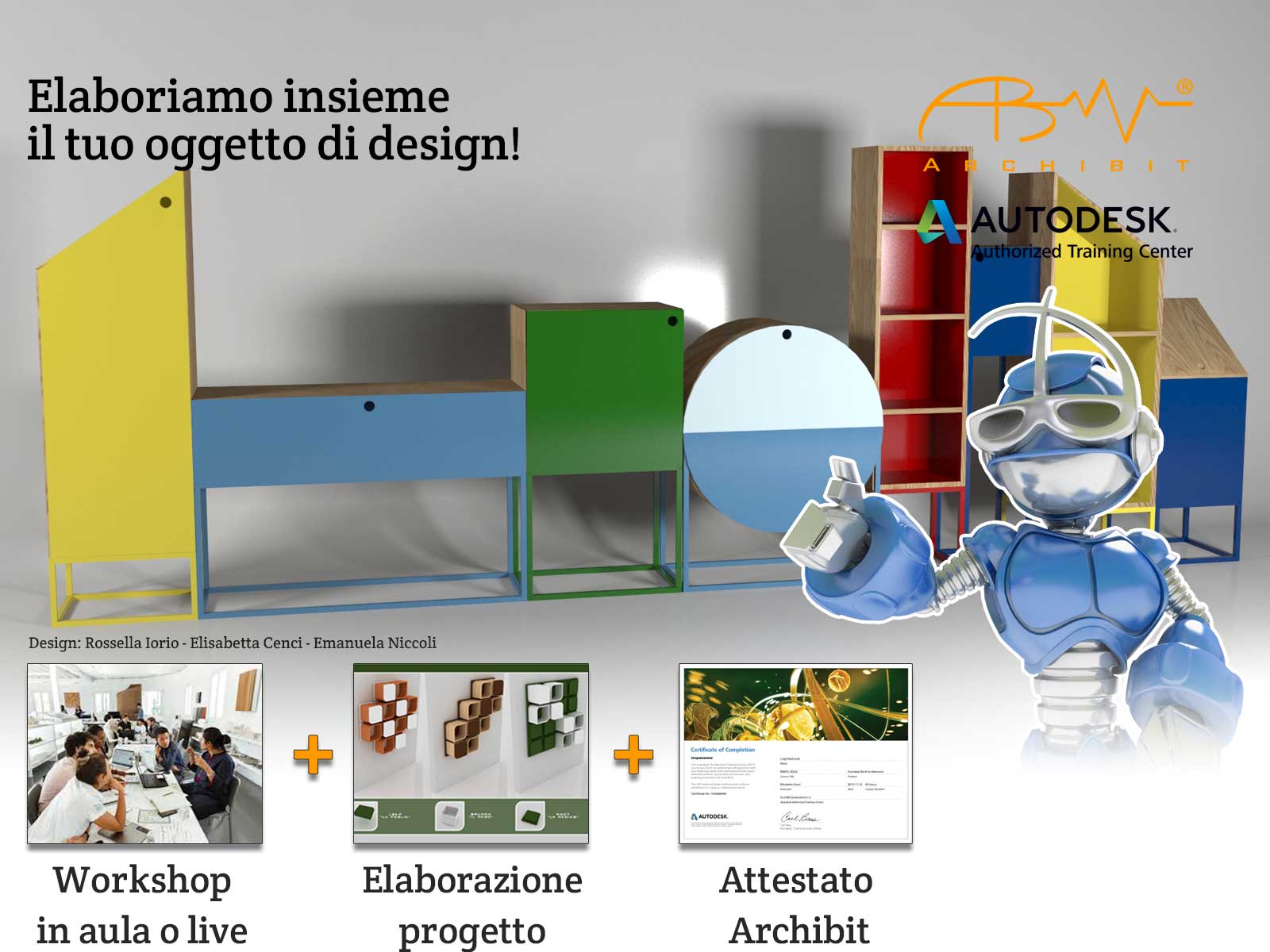 Immagine promozionale di un corso Archibit di design Revit BIM Product. In primo piano, Archibot, il robot mascotte di Archibit, indica un set di mobili colorati. In basso, tre riquadri mostrano un workshop, l'elaborazione di un progetto e un attestato Archibit. Partecipa al nostro workshop e impara a progettare oggetti di design con Autodesk Revit BIM! Ti guideremo passo dopo passo, dall'ideazione all'attestato Archibit.