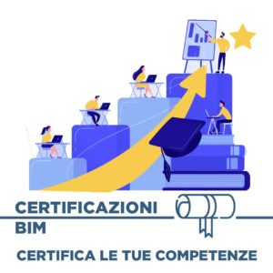 Archibit Generation srl Persone che studiano e lavorano al computer su gradini di libri con una freccia ascendente, simbolo di crescita professionale. Ottieni la certificazione BIM e valorizza le tue competenze nel settore.