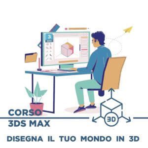 Persona al computer che progetta un cubo 3D su un software di modellazione grafica. Scopri il corso 3DS Max e impara a disegnare il tuo mondo in 3D
