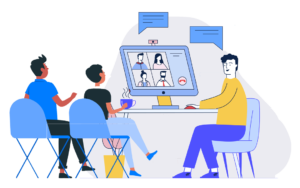 Archibit Generation srl Illustrazione di persone che partecipano a una lezione di gruppo su un grande monitor, sedute in un ambiente domestico. Lezioni virtuali e collaborazione a distanza: rimanere connessi e produttivi da casa.