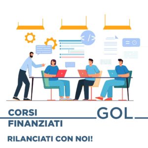 Illustrazione di un corso di formazione con persone al lavoro su computer portatili e un docente che spiega. Corsi finanziati GOL: rilanciati con noi e scopri nuove opportunità di crescita professionale!