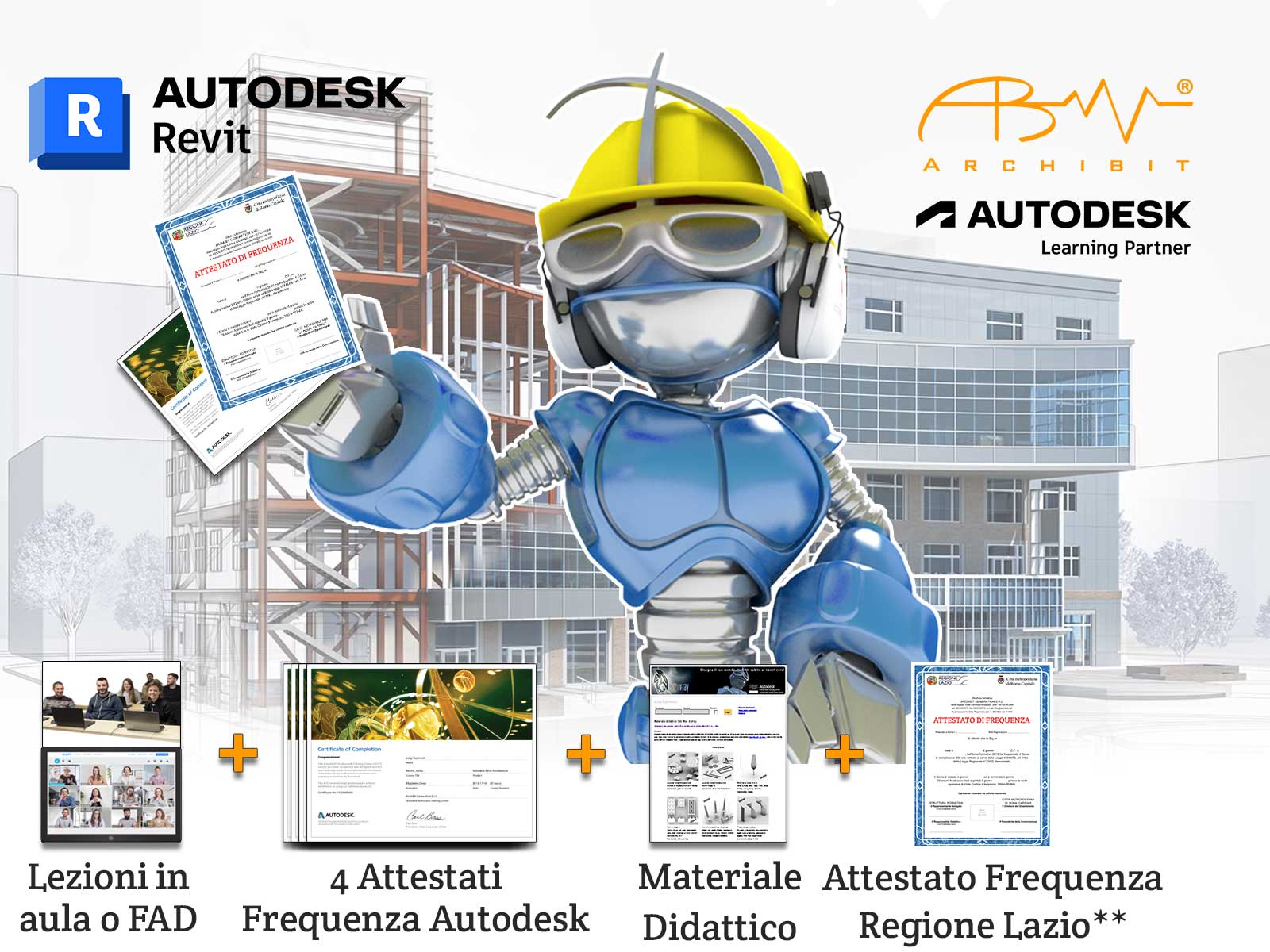Corso Autodesk Revit Bim Expert. Archibot, il robot mascotte di Archibit , con un casco giallo, tiene in mano quattro certificati e un materiale didattico. Sullo sfondo, un edificio grigio con il logo "Archibit" e la scritta "Autodesk Learning Partner". In basso, un riquadro con quattro immagini che rappresentano le lezioni in aula o FAD, i quattro attestati di frequenza Autodesk, il materiale didattico e l'attestato di frequenza della Regione Lazio. Offerta formativa Archibit: corsi Autodesk Revit con attestati di frequenza Autodesk e Regione Lazio, materiale didattico incluso e possibilità di lezioni in aula o FAD.