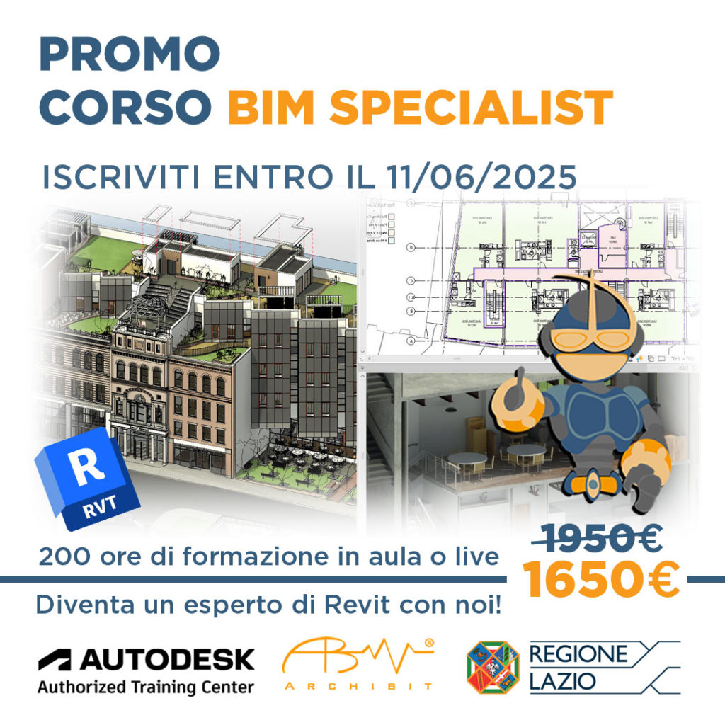 Immagine che descrive l'offerta del corso Autodesk Revit BIM Specialist di 1650€, mostrando alcune viste tridimensionali di un progetto architettonico.